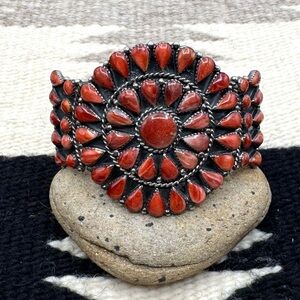 Navajo Native American Sterling Silver Red Spiny Oyster Cluster Cuff Bracelet 7"